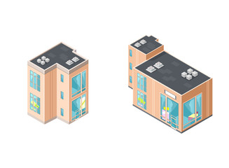 Department Store commercial shops and stores.
A vector illustration of an isometric department store with sales listed in the window.