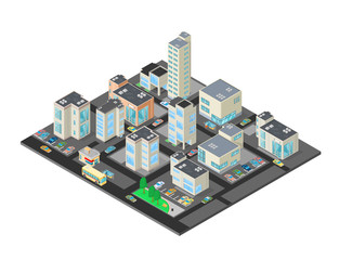 Obraz premium Downtown District. Isometric vector illustration of a financial urban town center. With offices ans shops.