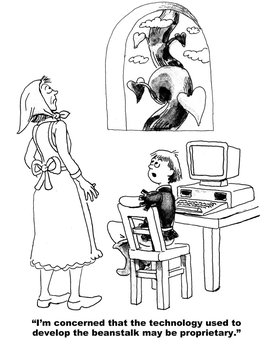 Legal cartoon showing Jack and the beanstalk.  He is sitting at his computer saying to his mother, 'I'm concerned that the technology used to develop the beanstalk may be proprietary'.