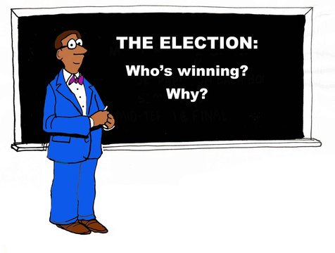 Education and political cartoon showing an african american teacher at a blackboard that reads, 'The Election: Who's winning? Why?'.