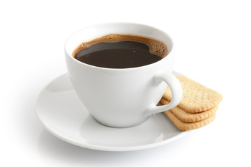 White ceramic cup and saucer with black coffee and finger biscui