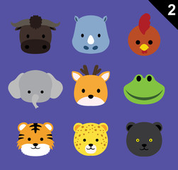 Flat Animal Faces Icon Cartoon Vector Set 2 (Forest)