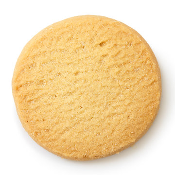 Single round shortbread biscuit isolated on white from above.