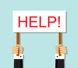 hand office worker holding a sign with the word help!
