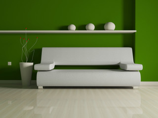 Interior design of modern beige couch on green wall background.
