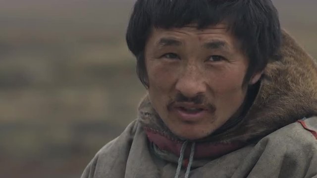 Face of Eskimo man. Tundra. Summer