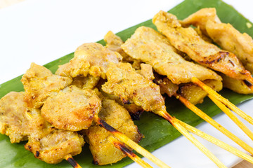 Grilled pork set on wood table , thai food style