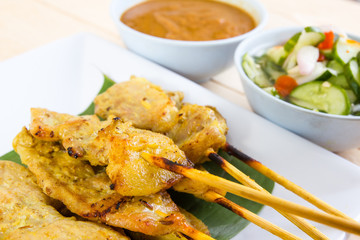 Grilled pork set on wood table , thai food style