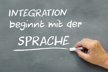 Hand on a chalkboard with the German words Integration beginnt m