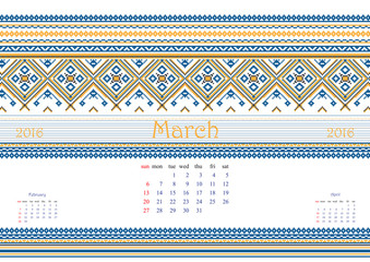 2016 Calendar with ethnic round ornament pattern in white red blue colors - obrazy, fototapety, plakaty