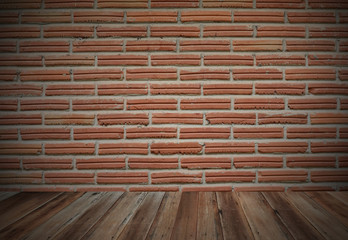 Grunge wood floor and red brick wall background