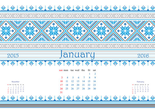 2016 Calendar with ethnic round ornament pattern in white red blue colors