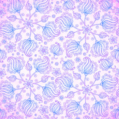 Violet abstract doodle flowers seamless pattern