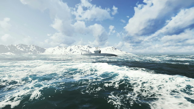 Russian Borei class submarine at the northern waters. Realistic three dimensional animation.