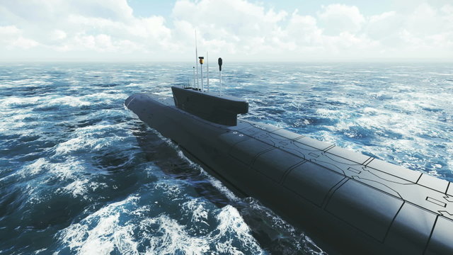 Rear view of the russian ballistic missile submarine Borei at northern sea. Realistic three dimensional animation.