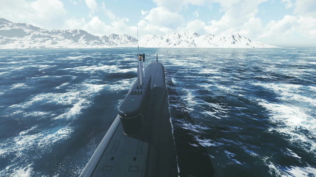 Front view of the russian ballistic missile submarine Borei at sea. Realistic three dimensional animation.