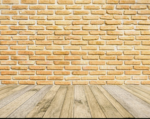 perspective wood plank floor or walk way with Brick wall background