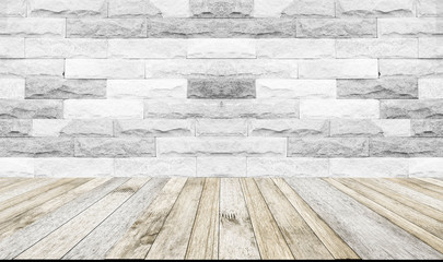 perspective wood plank floor or walk way with Brick wall white color background
