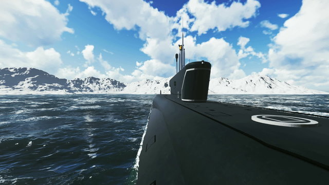 Front close-up view of the russian nuclear-powered submarine Borei at sea. Realistic three dimensional animation.