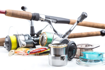 fishing tackles - rod, reel, line and lures