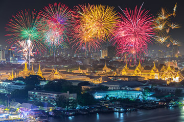 Grand palace and Bangkok City with Colorful Fireworks, Thailand