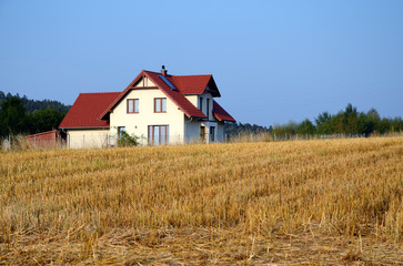 Landscape with  field and house - obrazy, fototapety, plakaty