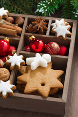 box with Christmas symbols on a wooden table, close-up