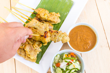 Grilled pork set on wood table , thai food style