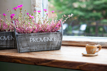Coffee cup in coffee shop with flower pot next to it