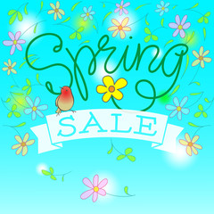 Spring Sale Vector Illustration. Hand Lettered Text with Banner, Bird and Flowers in a blue background.