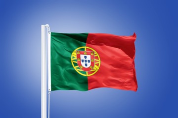 Flag of Portugal flying against a blue sky