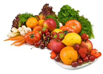  many vegetables and fruits on white background