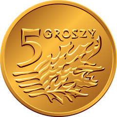 reverse Polish Money five groszy copper coin - obrazy, fototapety, plakaty