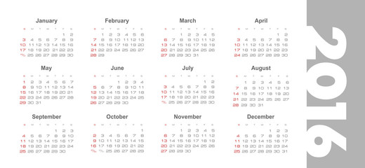 Simple 2016 year vector calendar