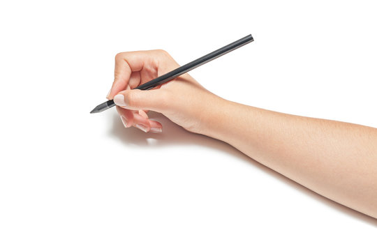 female hand holding pencil on white background