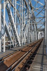 Railway steel truss bridge in Brzegi, Poland, near Krakow, over Vistula river