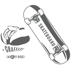 Monochrome skateboard and hand drawn graffiti with it, vector illustration