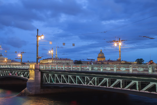 Palace Bridge and Saint Isaac's Cathedral at night, St. Petersburg, Russia
