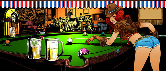The game of billiards in the bar - obrazy, fototapety, plakaty