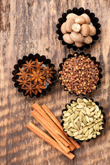 Fototapeta na wymiar Spices. Star anise, cinnamon, cardamom, cloves and nutmeg