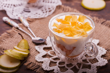 Yogurt with pears, homemade.selective focus