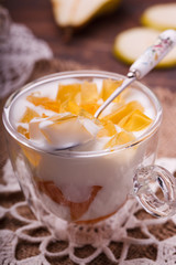 Yogurt with pears, homemade.selective focus