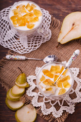 Yogurt with pears, homemade.selective focus