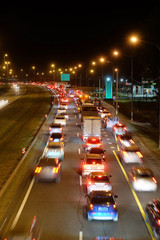 Fototapeta na wymiar Night traffic jam in Moscow Region, Russia