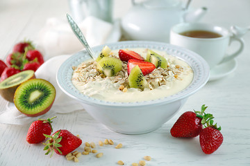Healthy breakfast with homemade oatmeal, close up