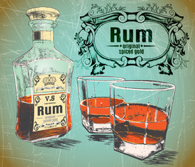 Rum was pour in two glasses with bottle on shabby background - obrazy, fototapety, plakaty