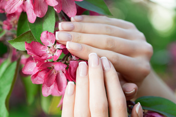 Hands with a stunning manicure on flowers