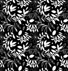 Black and white decorative floral seamless pattern. Vector background with leaves and branches