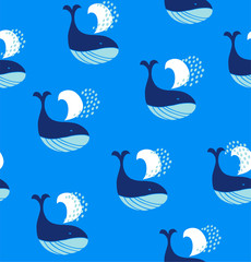 Cute seamless pattern with decorative whales. Vector marine background