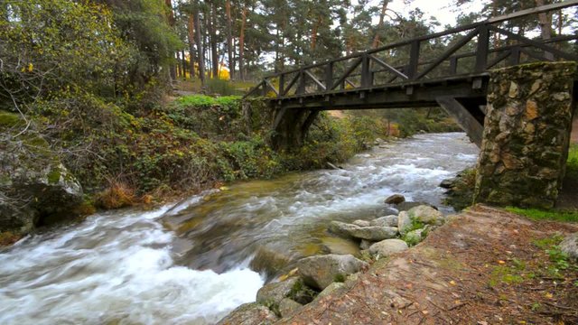 Water flowing under an ancient wood bridge in river Eresma at Boca del Asno natural park on a rainy day in Segovia, Spain. 